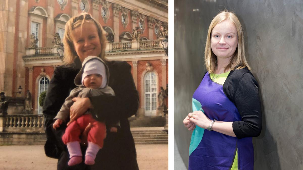 Liisa Siika-aho lapsensa kanssa vuonna 2009 ja kasvokuvassa nyt